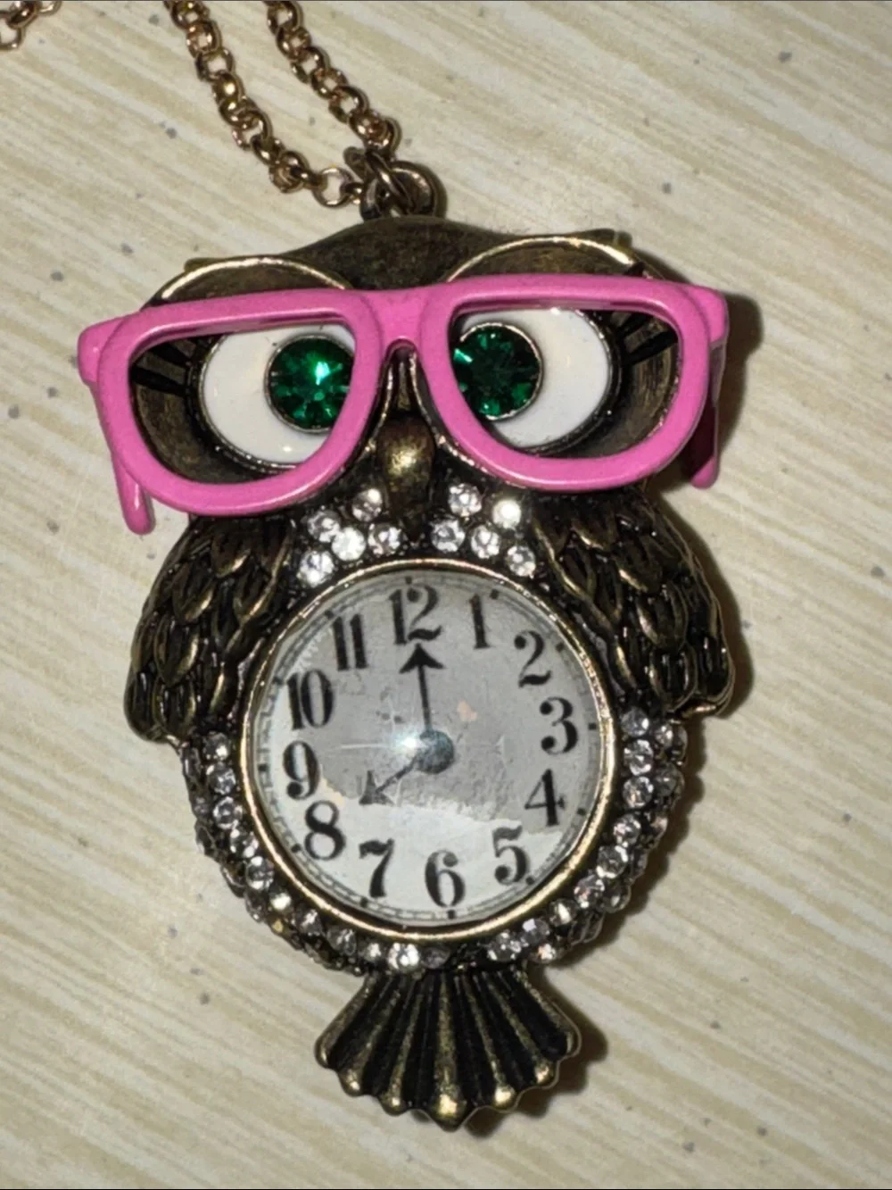 Betsey Johnson Bronze Owl Pendant Watch with Pink Glasses